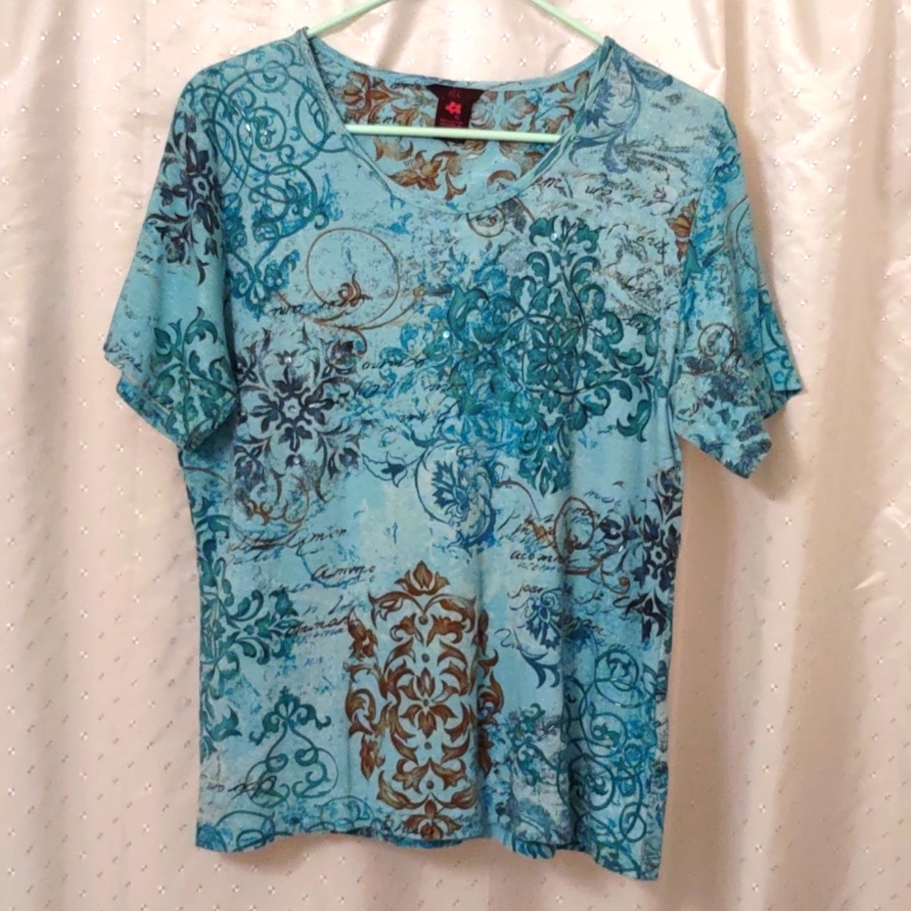Women's a/c tee with beading, teal, size XL